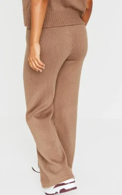 Discount PrettyLittleThing Petite Marl Soft Knit Wide Leg Pants Taupe