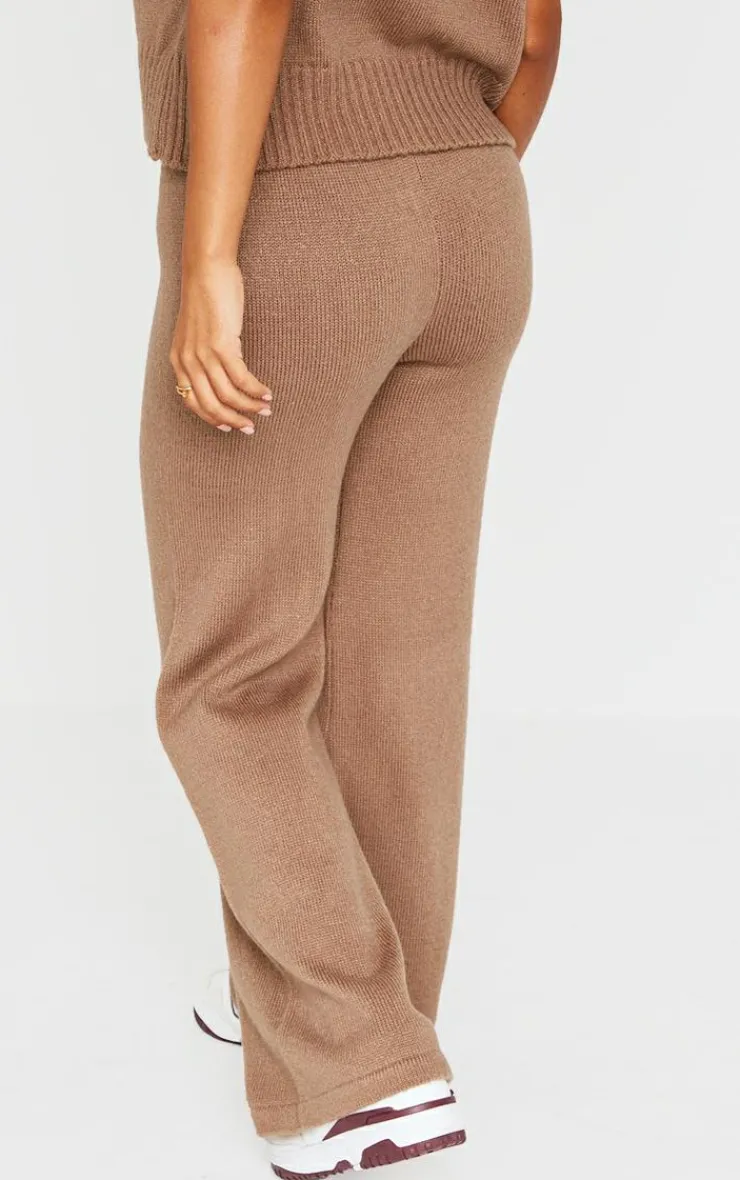 Discount PrettyLittleThing Petite Marl Soft Knit Wide Leg Pants Taupe