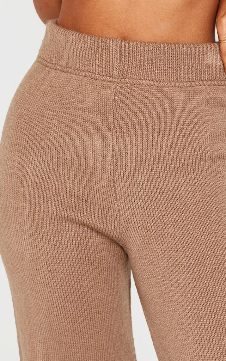 Discount PrettyLittleThing Petite Marl Soft Knit Wide Leg Pants Taupe