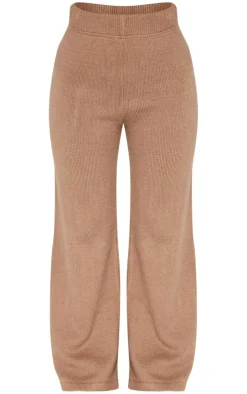 Discount PrettyLittleThing Petite Marl Soft Knit Wide Leg Pants Taupe