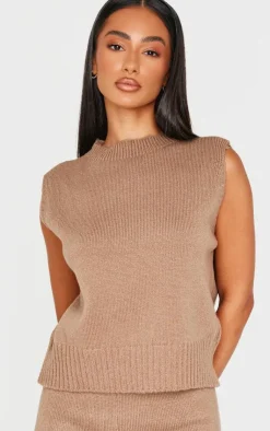 PrettyLittleThing Sleeveless Tops*Petite Marl Soft Knit High Neck Sleeveless Top