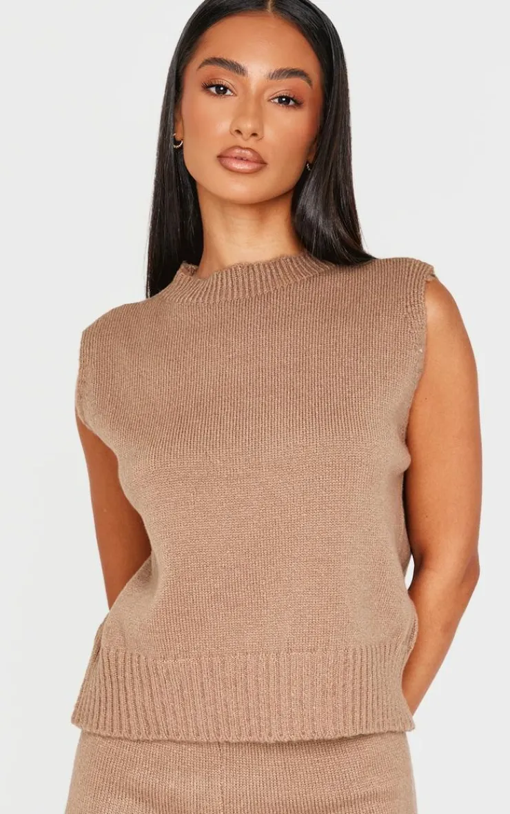 PrettyLittleThing Sleeveless Tops*Petite Marl Soft Knit High Neck Sleeveless Top