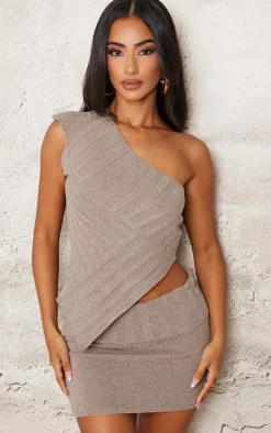 Outlet PrettyLittleThing Petite One Shoulder Asymmetric Knit Top Taupe