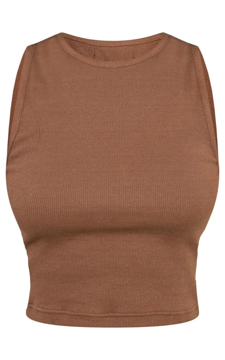 PrettyLittleThing Sleeveless Tops*Petite Premium Ribbed Racer Neck Crop Top
