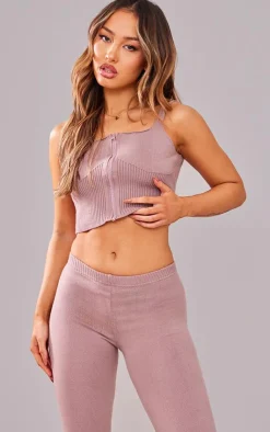 Discount PrettyLittleThing Petite Ribbed Cup Detail Top Taupe