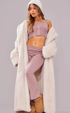 Discount PrettyLittleThing Petite Ribbed Cup Detail Top Taupe