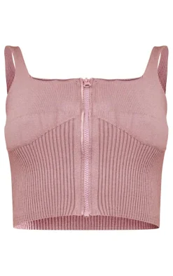Discount PrettyLittleThing Petite Ribbed Cup Detail Top Taupe
