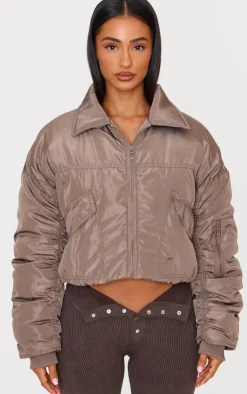 PrettyLittleThing Bomber Jackets*Petite Ruched Sleeve Bomber Jacket