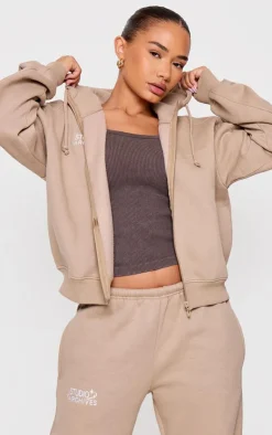 Hot PrettyLittleThing Petite Studio Archives Zip Up Hoodie Taupe
