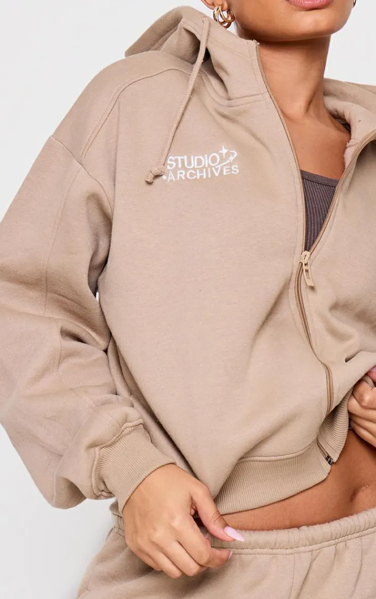 Hot PrettyLittleThing Petite Studio Archives Zip Up Hoodie Taupe