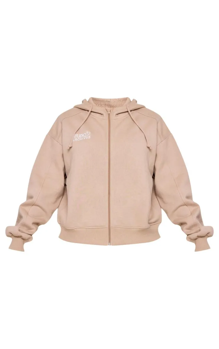 Hot PrettyLittleThing Petite Studio Archives Zip Up Hoodie Taupe