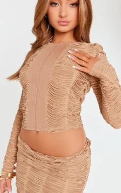 New PrettyLittleThing Petite Textured Jersey Long Top Taupe