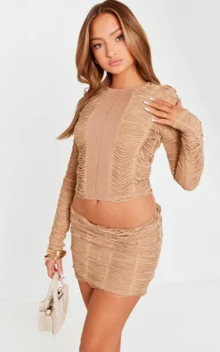 Discount PrettyLittleThing Petite Textured Jersey Mini Skirt Taupe