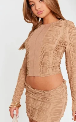 Discount PrettyLittleThing Petite Textured Jersey Mini Skirt Taupe