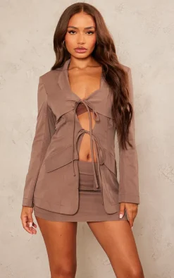 Best PrettyLittleThing Petite Tie Detail Fitted Blazer Taupe