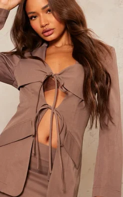 Best PrettyLittleThing Petite Tie Detail Fitted Blazer Taupe