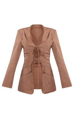 Best PrettyLittleThing Petite Tie Detail Fitted Blazer Taupe