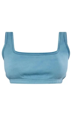 Online PrettyLittleThing Petite Acid Wash Elasticated Crop Top Teal