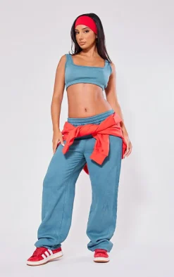 Discount PrettyLittleThing Petite Acid Wash Elasticated Wide Leg Sweatpants Teal