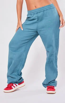 Discount PrettyLittleThing Petite Acid Wash Elasticated Wide Leg Sweatpants Teal