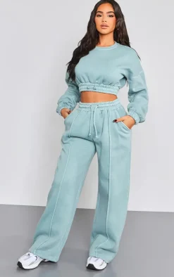 PrettyLittleThing Petite Wide Leg Seam Detailed Sweatpants Teal