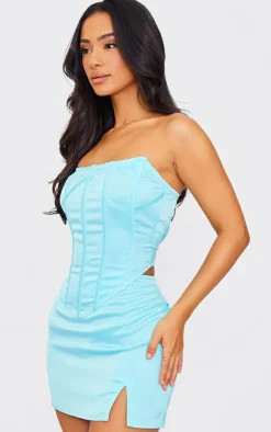 New PrettyLittleThing Petite Satin Structured Corset Top Turquoise