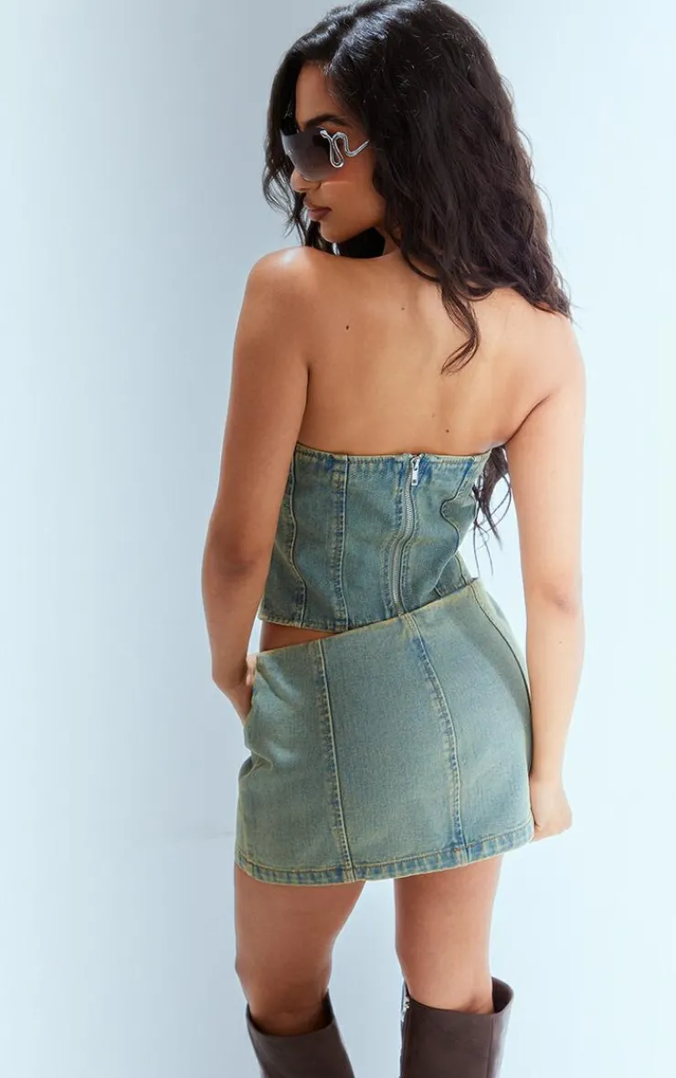 Best PrettyLittleThing Petite Bandeau Denim Corset Top Vintage Bleach Wash