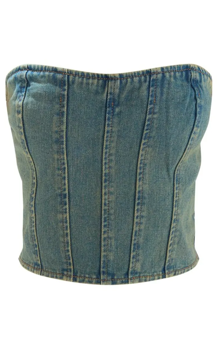 Best PrettyLittleThing Petite Bandeau Denim Corset Top Vintage Bleach Wash