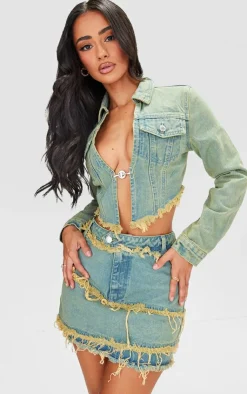 PrettyLittleThing Petite Denim Frayed Mini Skirt Vintage Bleach Wash