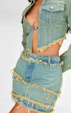 PrettyLittleThing Petite Denim Frayed Mini Skirt Vintage Bleach Wash