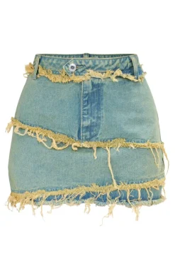 PrettyLittleThing Petite Denim Frayed Mini Skirt Vintage Bleach Wash
