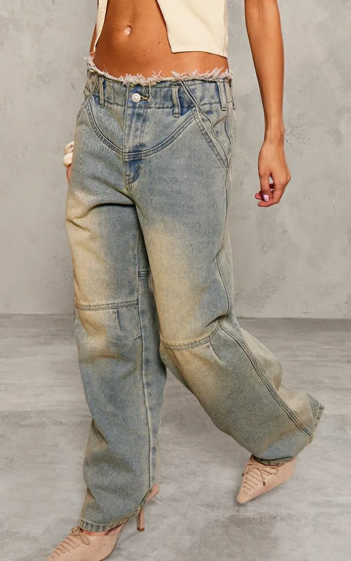 Petite Vintage Frayed Edge Waistband Boyfriend Jeans