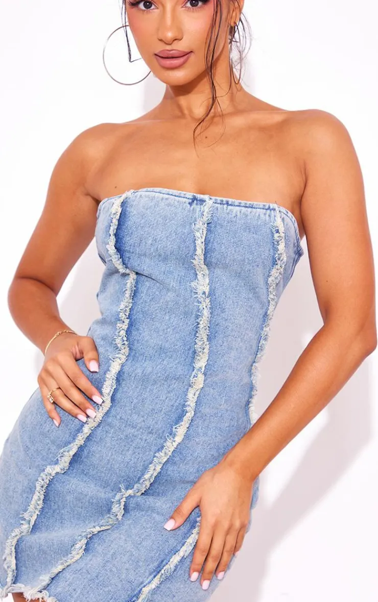 Petite Bandeau Denim Distressed Dress-PrettyLittleThing New