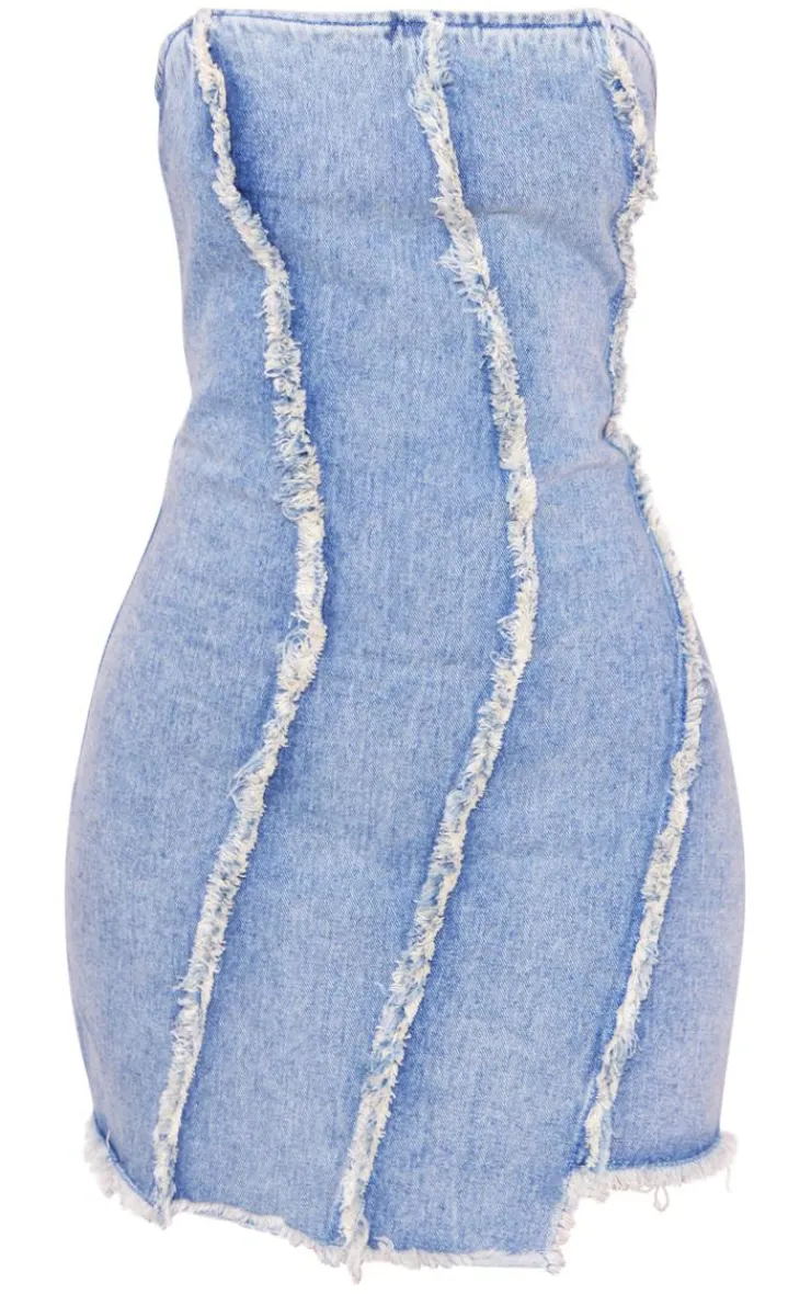 Petite Bandeau Denim Distressed Dress-PrettyLittleThing New