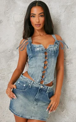 Sale PrettyLittleThing Petite Denim Low Rise Mini Skirt Vintage Light Wash