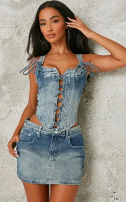 Outlet PrettyLittleThing Petite Denim Strappy Lace Up Corset Vintage Light Wash