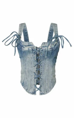 Outlet PrettyLittleThing Petite Denim Strappy Lace Up Corset Vintage Light Wash