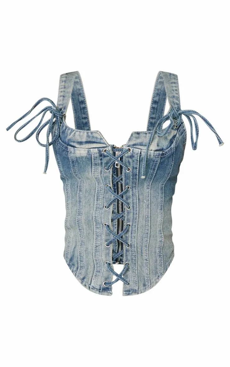 Outlet PrettyLittleThing Petite Denim Strappy Lace Up Corset Vintage Light Wash