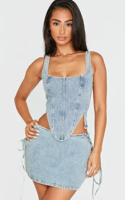 PrettyLittleThing Petite Denim Lace Up Corset Top Vintage Wash