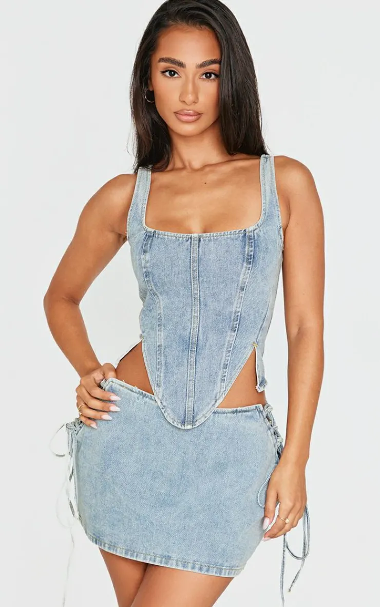 PrettyLittleThing Petite Denim Lace Up Corset Top Vintage Wash