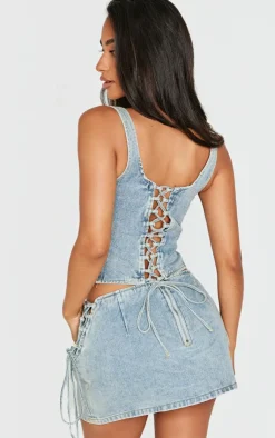 PrettyLittleThing Petite Denim Lace Up Corset Top Vintage Wash