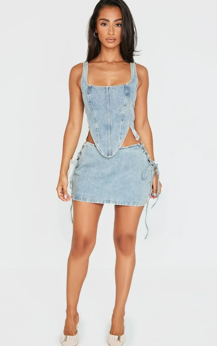 PrettyLittleThing Petite Denim Lace Up Corset Top Vintage Wash