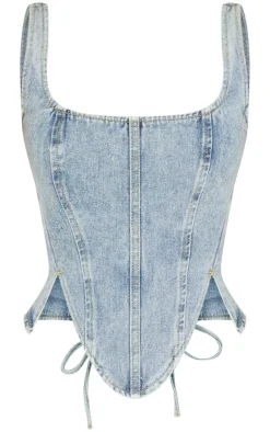 PrettyLittleThing Petite Denim Lace Up Corset Top Vintage Wash