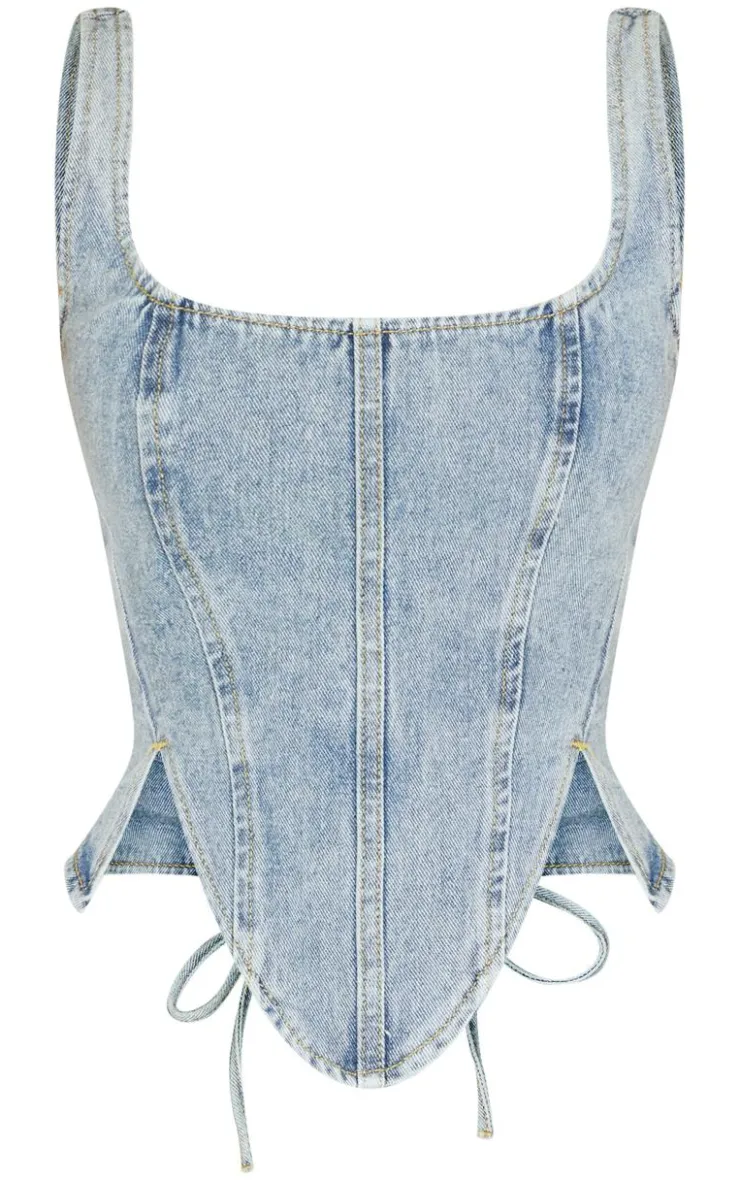 PrettyLittleThing Petite Denim Lace Up Corset Top Vintage Wash