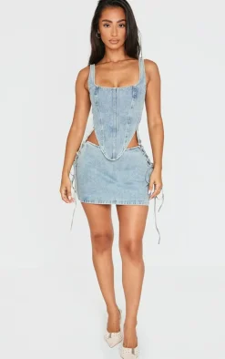 Clearance PrettyLittleThing Petite Denim Lace Up Mini Skirt Vintage Wash
