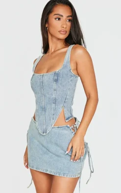 Clearance PrettyLittleThing Petite Denim Lace Up Mini Skirt Vintage Wash