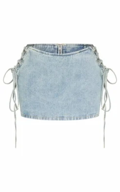 Clearance PrettyLittleThing Petite Denim Lace Up Mini Skirt Vintage Wash