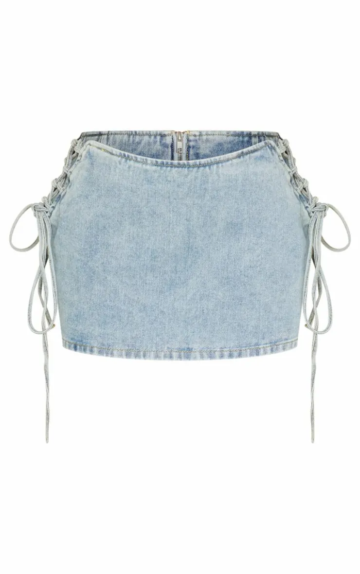 Clearance PrettyLittleThing Petite Denim Lace Up Mini Skirt Vintage Wash