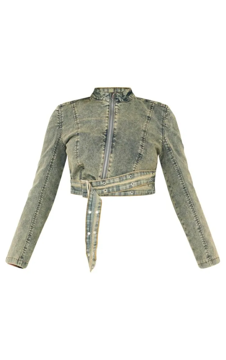 Petite Denim Belt Detail Jacket-PrettyLittleThing Discount