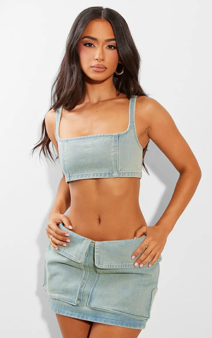 Online PrettyLittleThing Petite Denim Square Neck Extreme Crop Top Vintage Wash